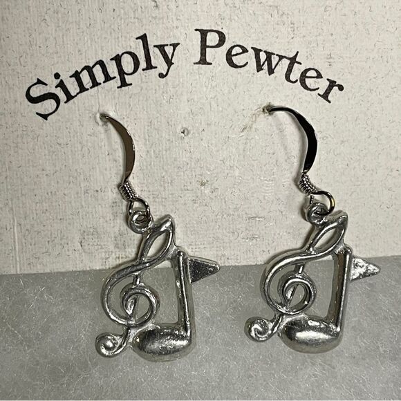Music earrings-Simply Pewter treble clef & 8th note.  Beautiful polished pewter - Picture 1 of 5